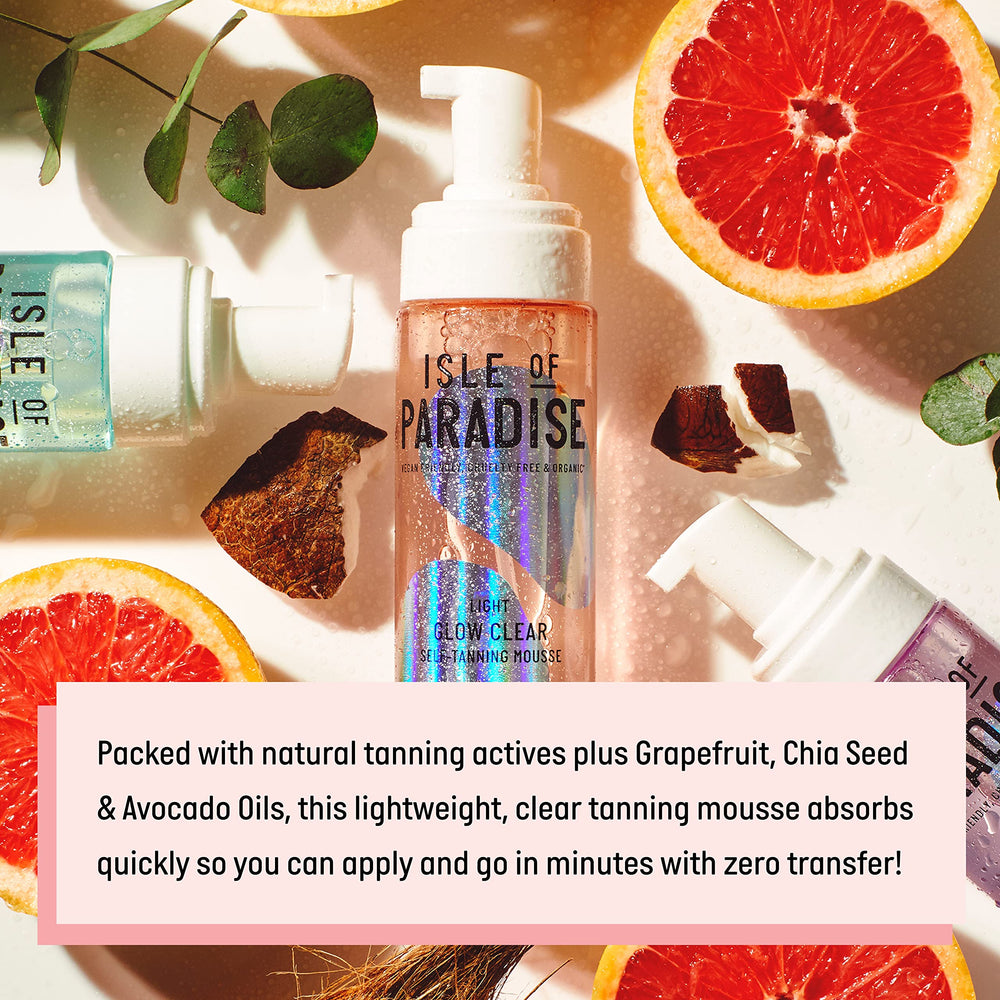 Isle of Paradise Glow Clear Mousse swatch demonstrates color-correcting medium tan.