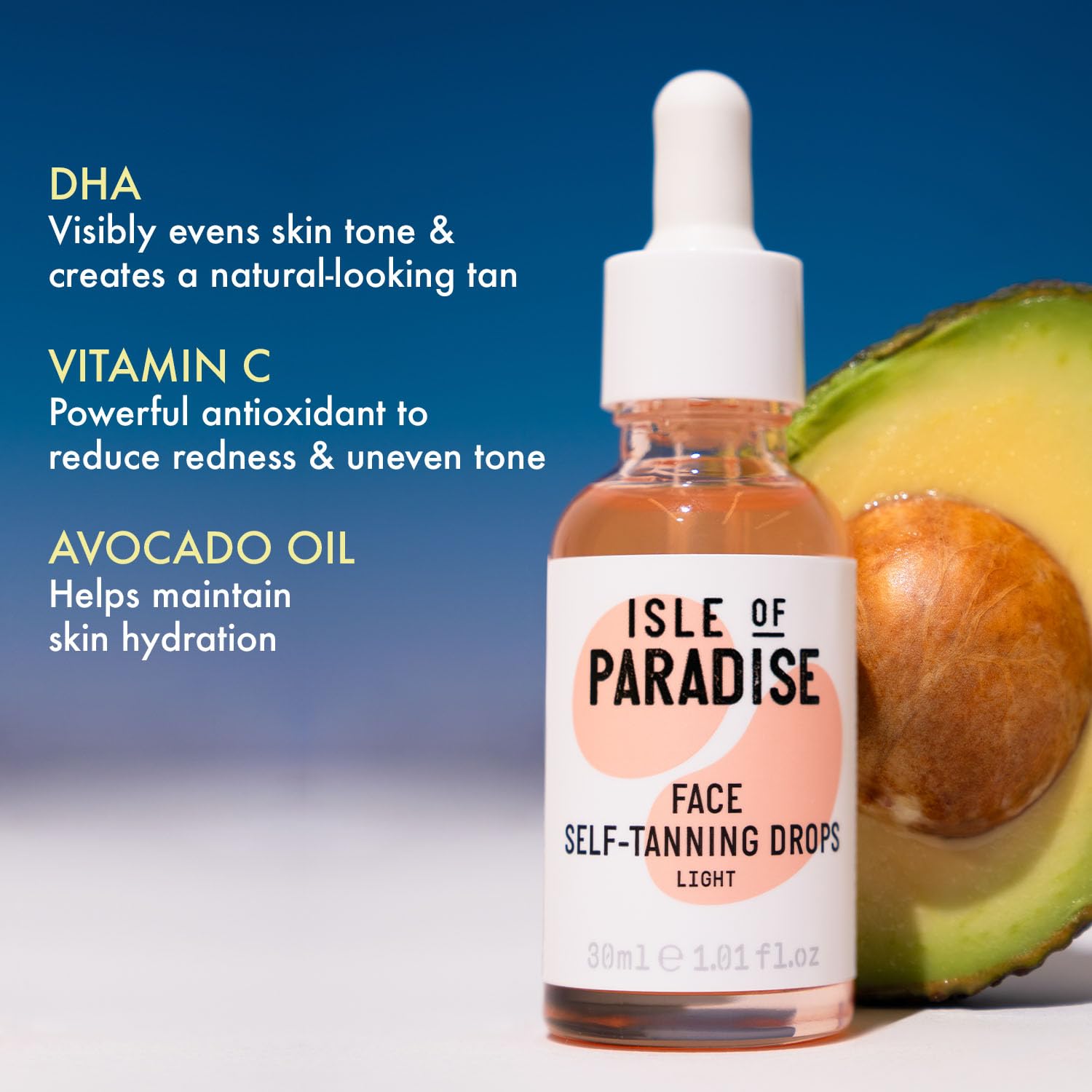 Isle of Paradise peach color correcting actives brighten for a light sun-kissed glow.