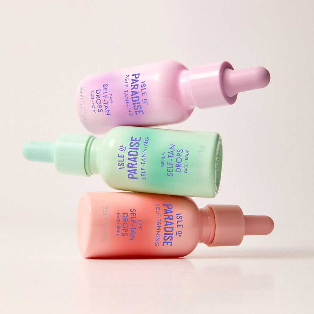 Isle of Paradise self tanning drops dermatologist-approved symbol reinforces trusted tanning.