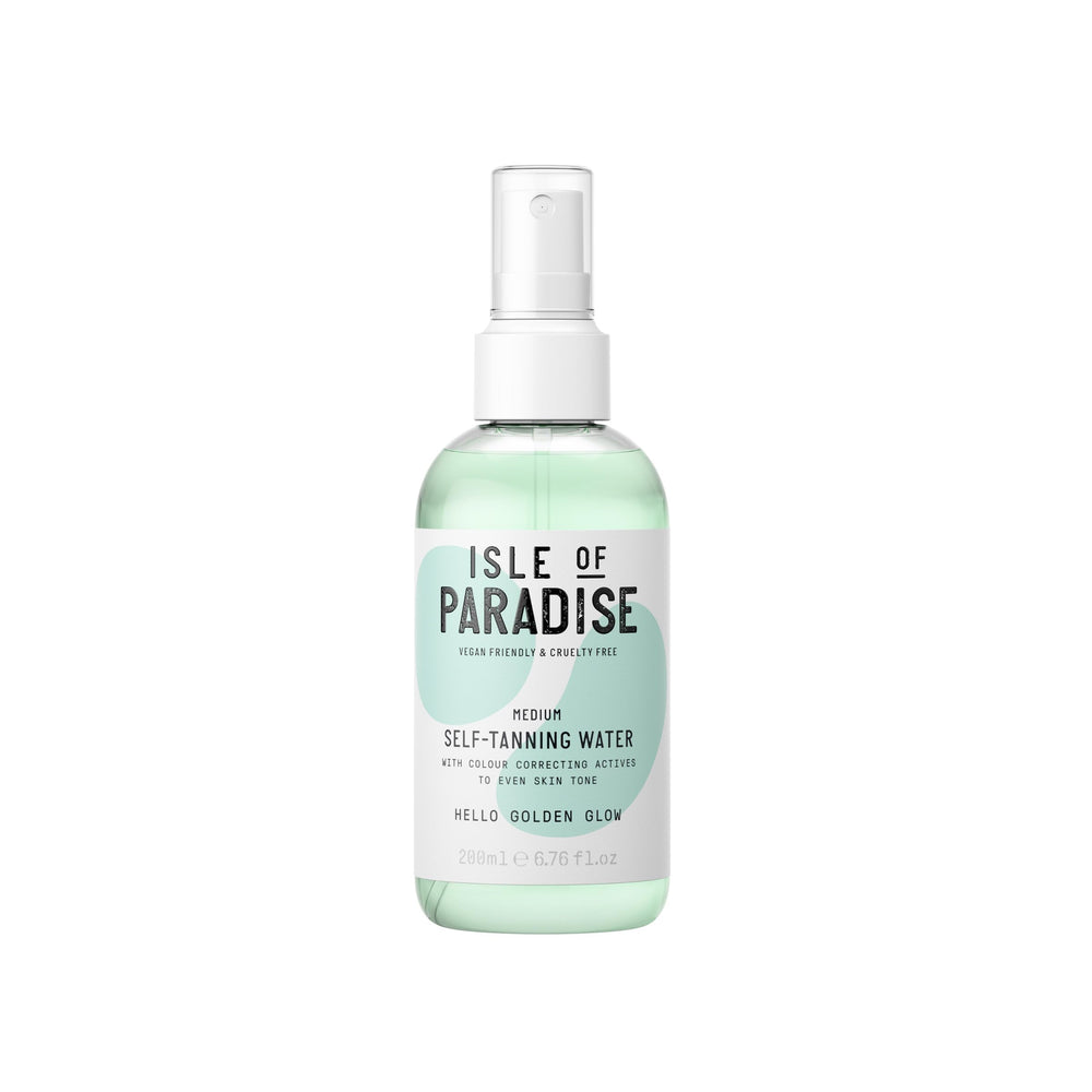 Isle of Paradise Self-Tanning Water application on face and body for even glow.