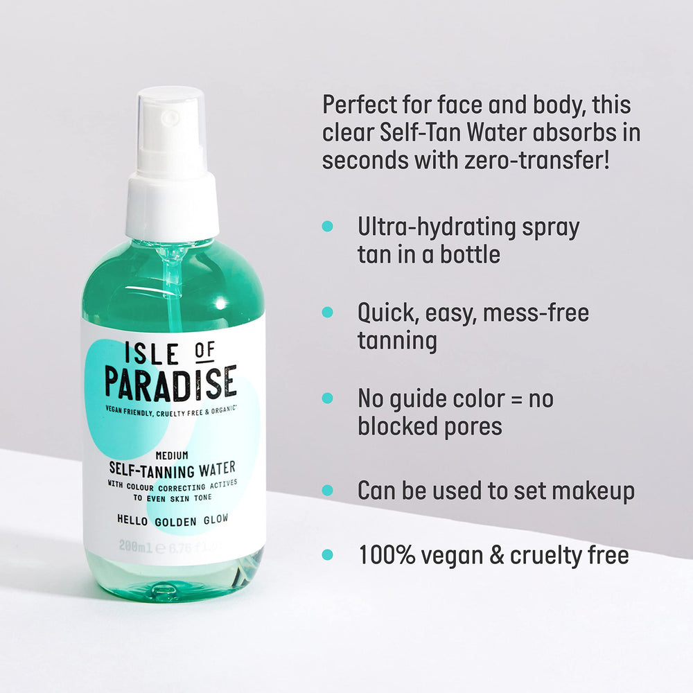 Isle of Paradise Self-Tanning Water clear mist absorbs quickly with no transfer.