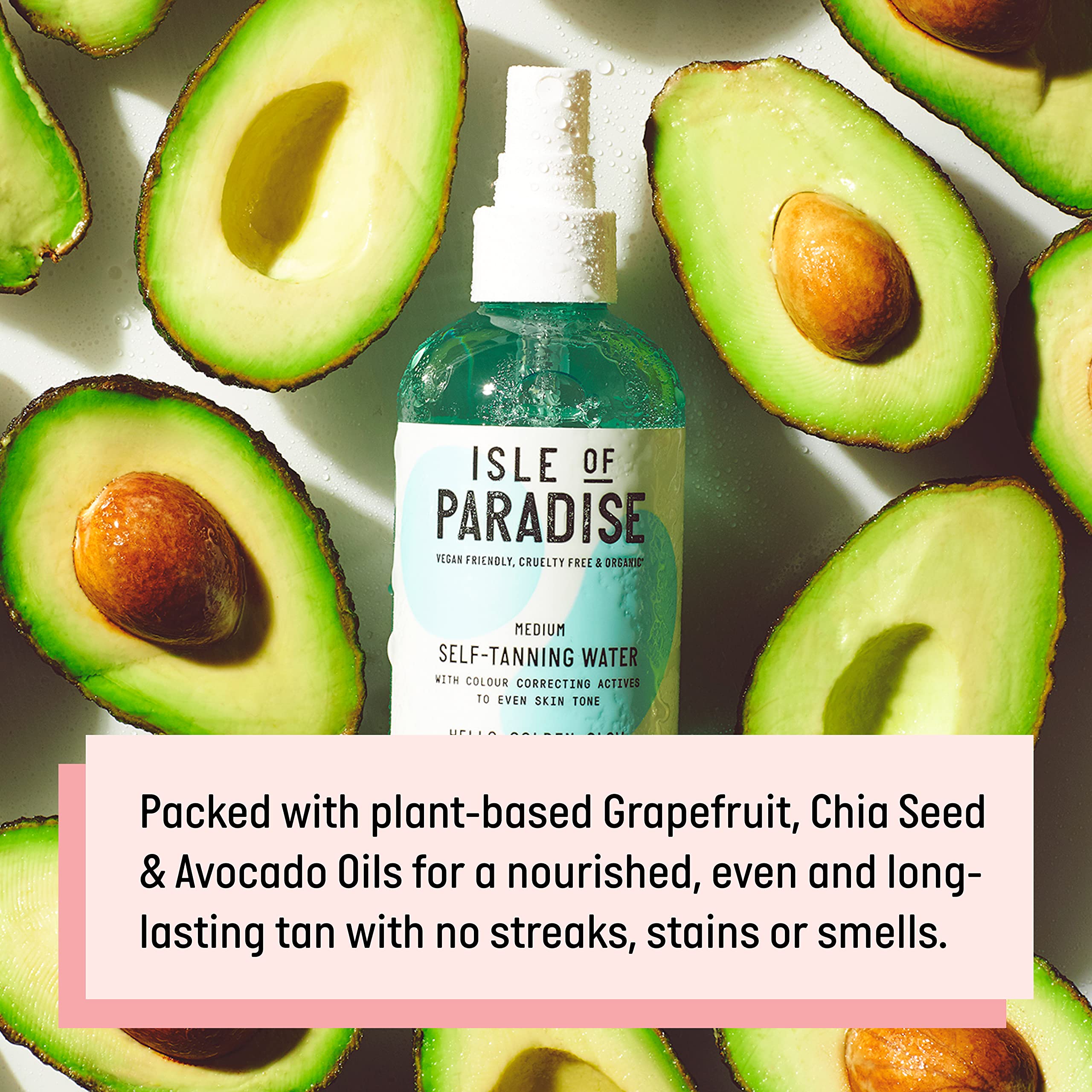 Isle of Paradise Self-Tanning Water hydrates skin with grapefruit, chia seed and avocado oils.