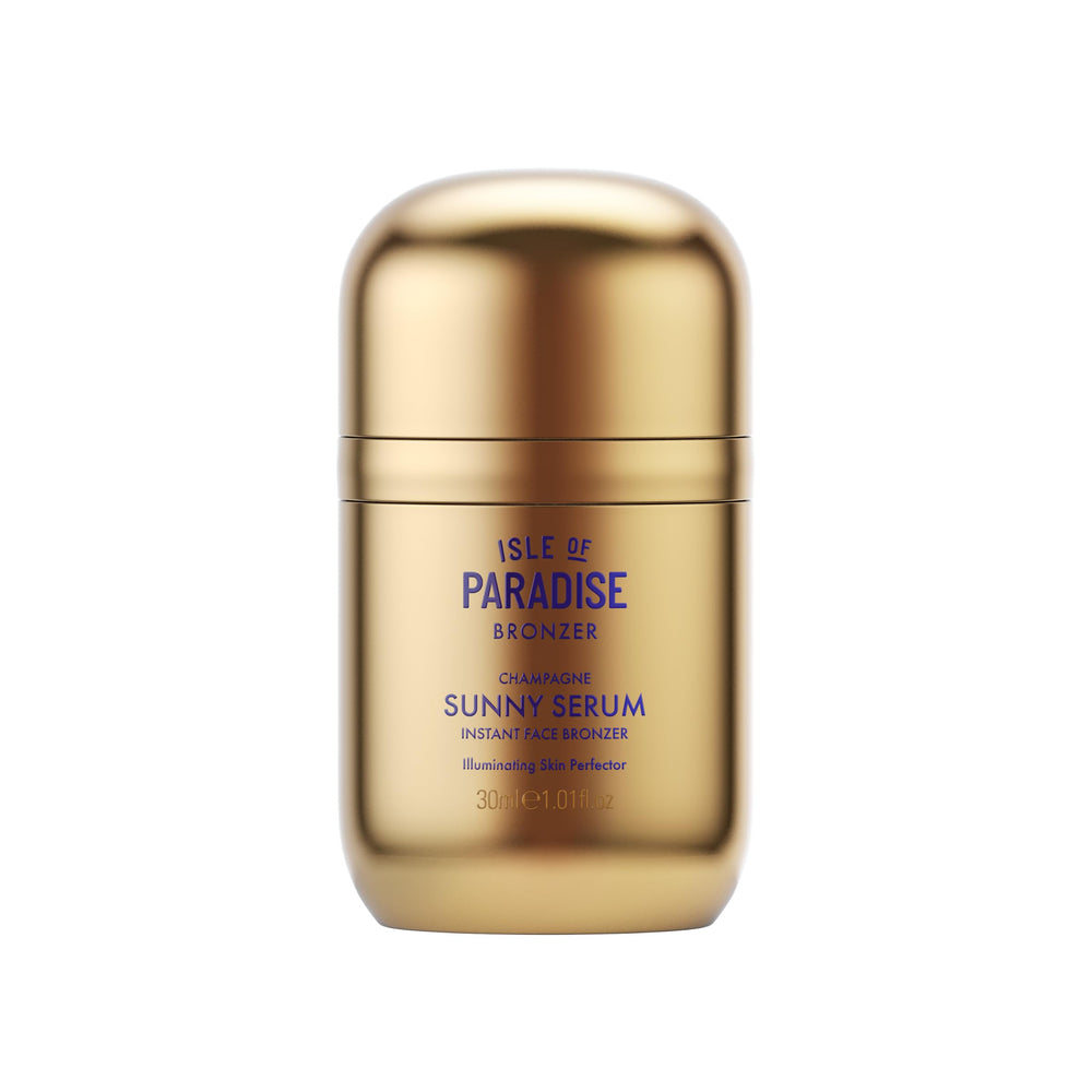 Isle of Paradise Sunny Serum Champagne bottle front for radiant glow primer