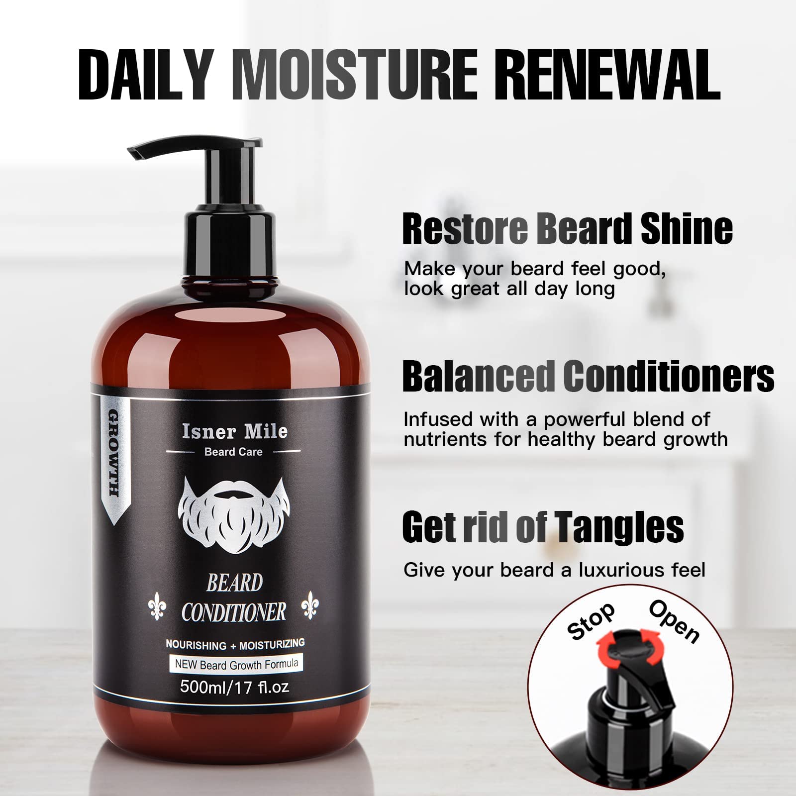 ISNER MILE Beard Conditioner closeup highlights jojoba oil nourishment for manageable hair.
