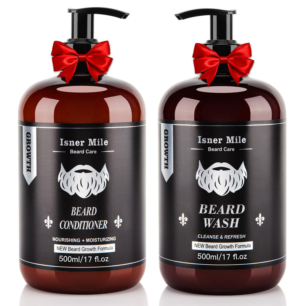 ISNER MILE Beard Wash bottle pour demonstrates cleansing for a softer beard.