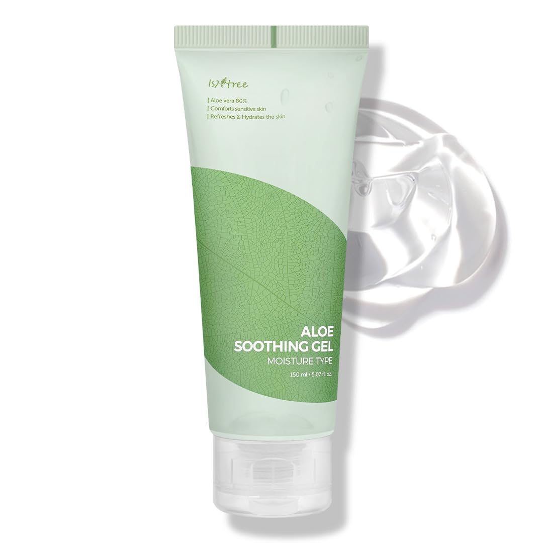 IsNtree Aloe Soothing Gel bottle close-up showing gentle hydration for sensitive skin.