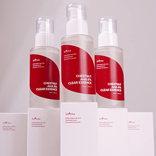 IsNtree Chestnut AHA 8% Clear Essence bottle on bathroom shelf with soft lighting.