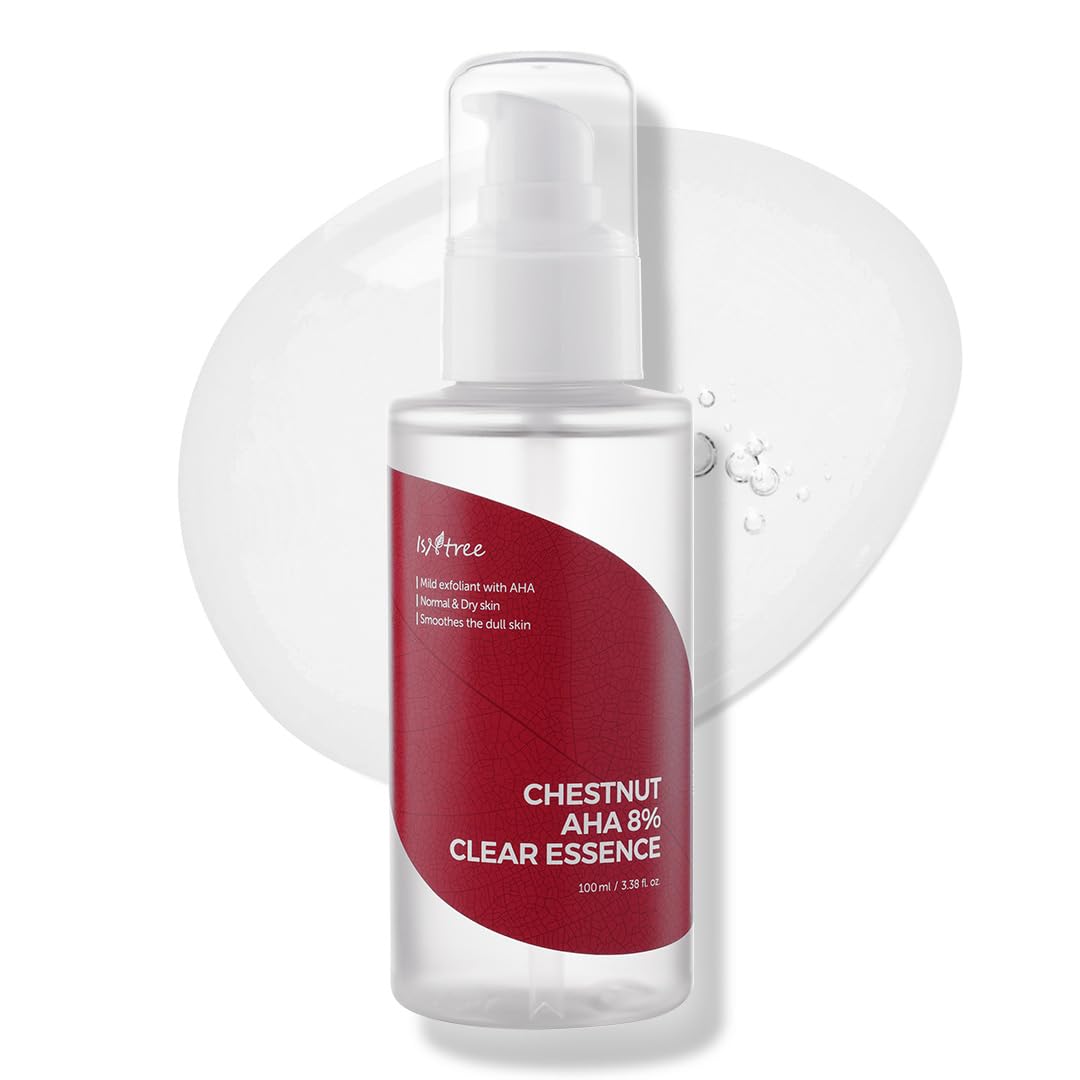IsNtree Chestnut AHA 8% Clear Essence bottle close-up highlighting pore-refining exfoliation.
