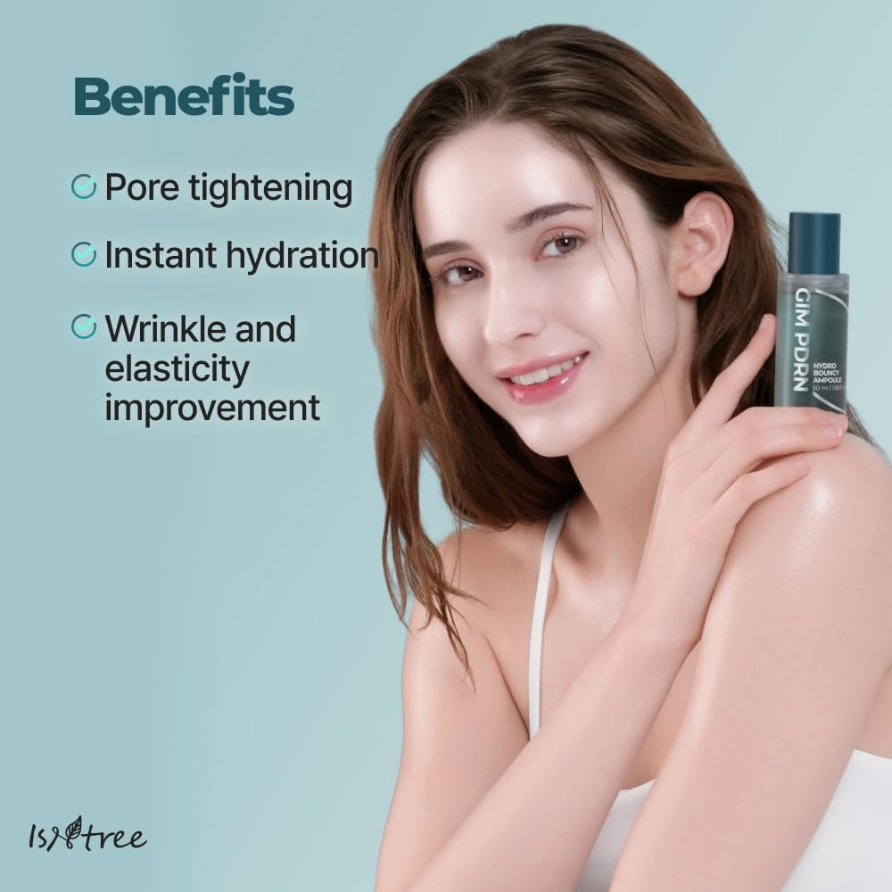 IsNtree Gim PDRN Hydro Bouncy Ampoule 8-layer hydration diagram explains multi-hyaluronic system.