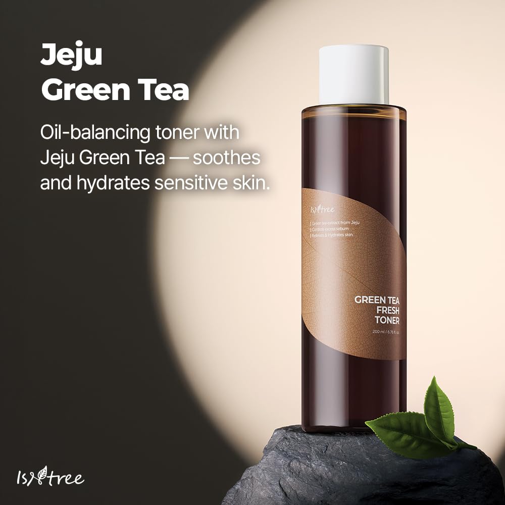 IsNTREE Green Tea Fresh Toner routine shot with serums prepped