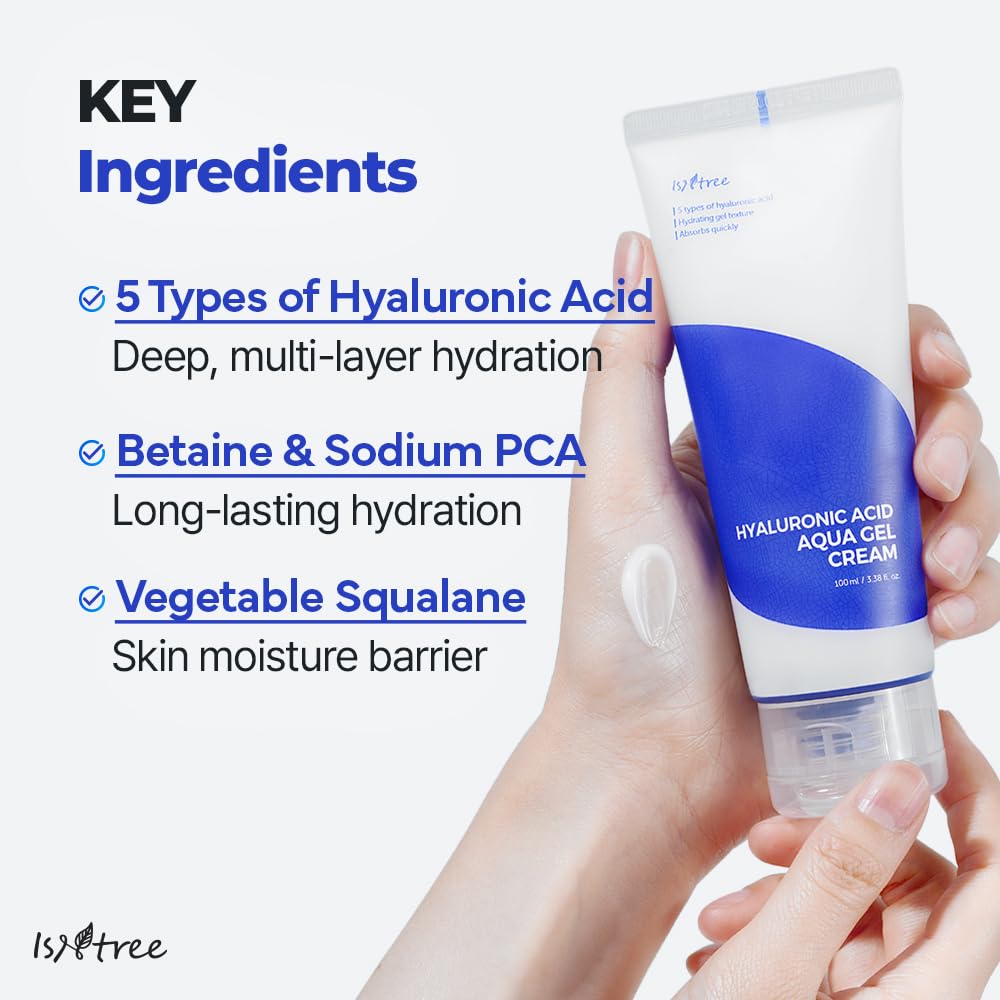 IsNtree Hyaluronic Acid Aqua Gel Cream ingredients visual highlighting natural extracts and clean formula