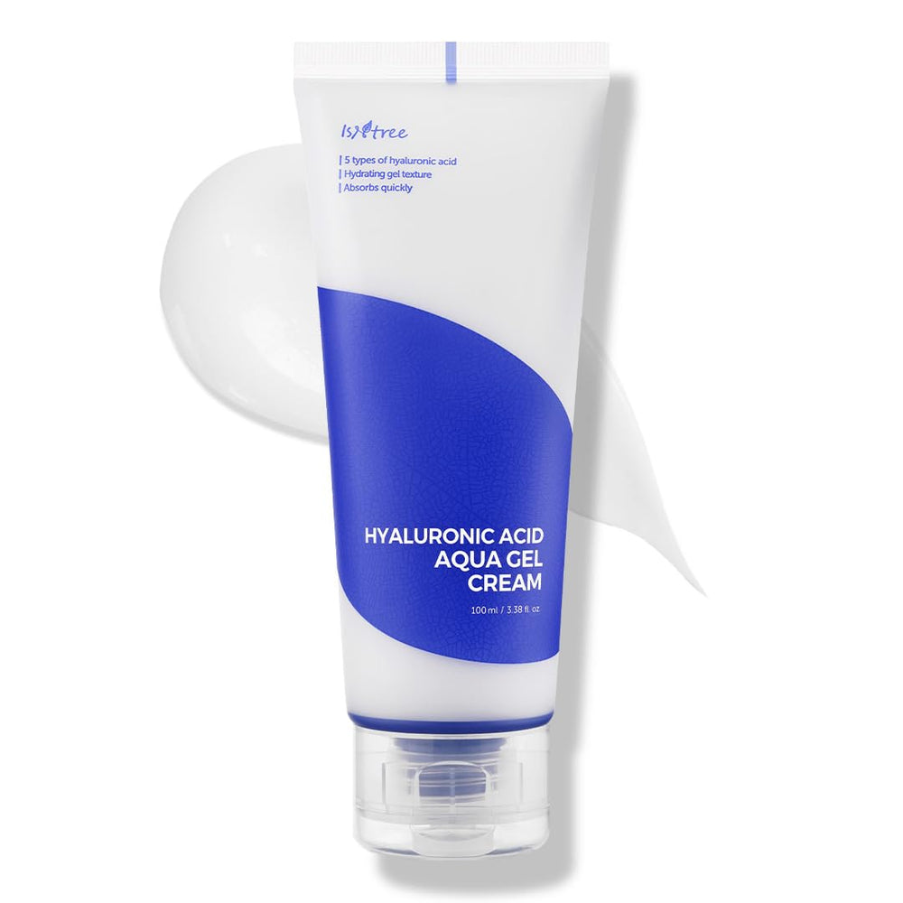 IsNtree Hyaluronic Acid Aqua Gel Cream tube-cap close-up showing lightweight hydration for oily skin