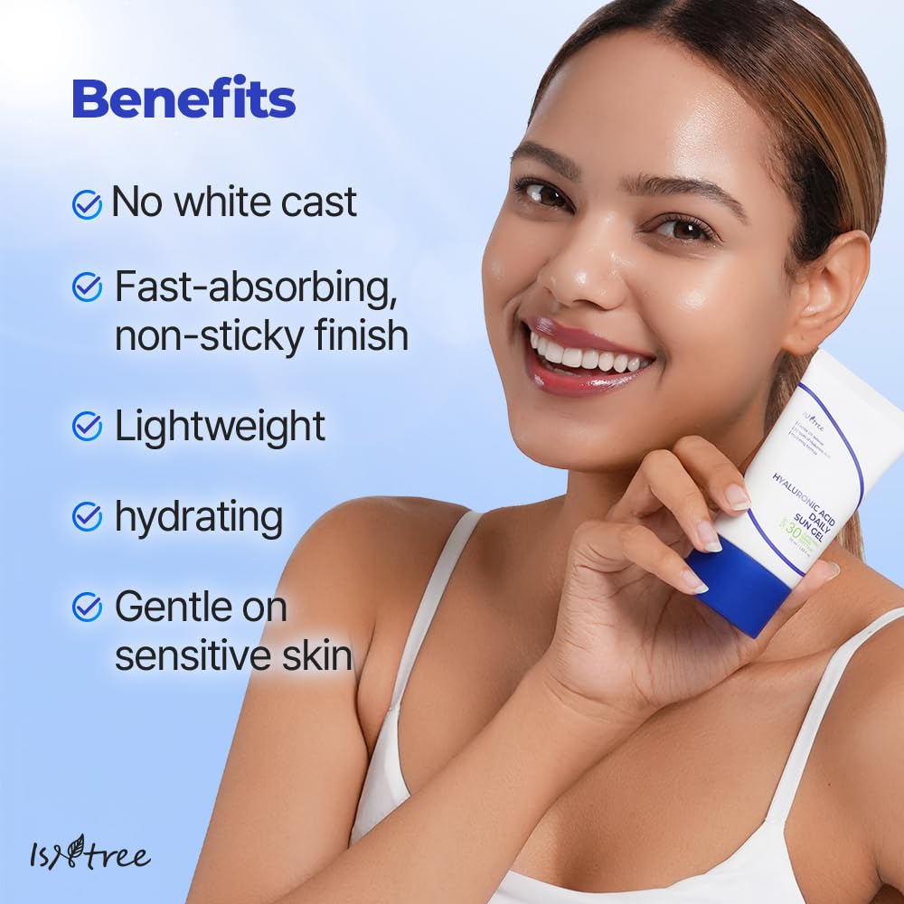 ISNTREE Hyaluronic Acid Daily Sun Gel no white cast on skin.