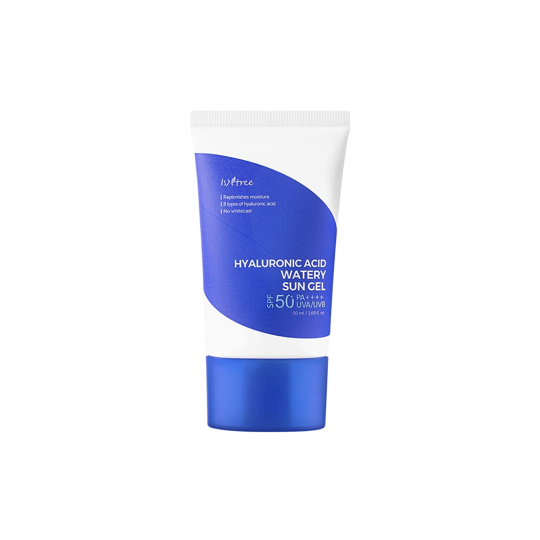 IsNtree Hyaluronic Acid Watery Sun Gel bottle showing lightweight hydration and SPF 50 protection.