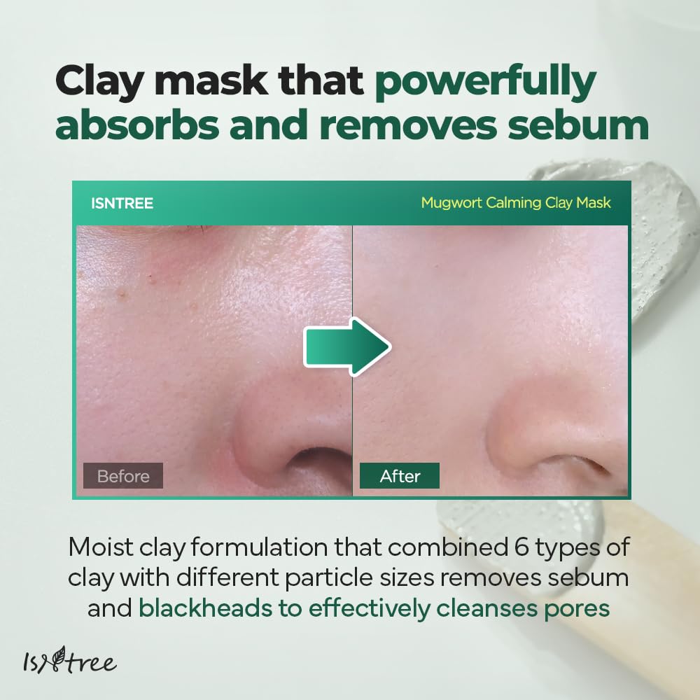 IsNtree Mugwort Clay Mask application removal scene illustrating wash-off routine.