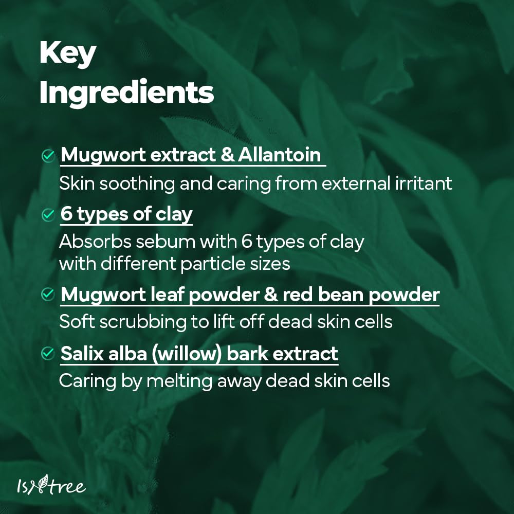 IsNtree Mugwort Clay Mask on oily skin zone showing sebum control potential.