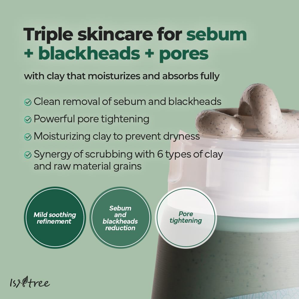 IsNtree Mugwort Clay Mask swatch on skin demonstrates exfoliation and oil-control potential.