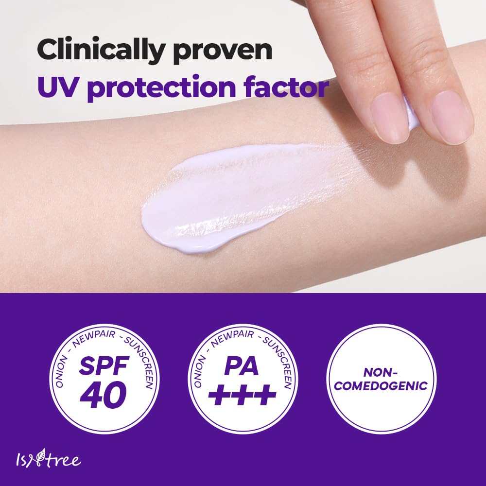 IsNtree Onion Newpair Sunscreen swatch on skin shows tone-up glow