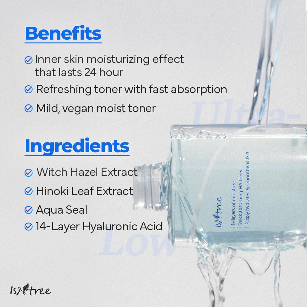 IsNtree Ultra-Low Molecular Hyaluronic Acid Toner dewy skin look emphasizing hydration