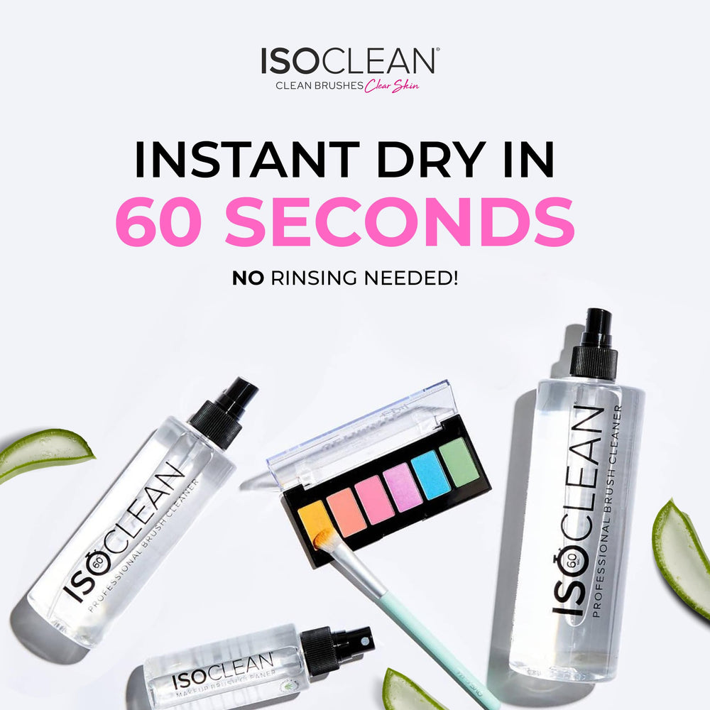 Isoclean brush-cleaner sprayed onto a makeup brush for fast no-rinse refresh.