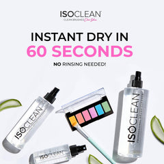 Isoclean brush-cleaner sprayed onto a makeup brush for fast no-rinse refresh.
