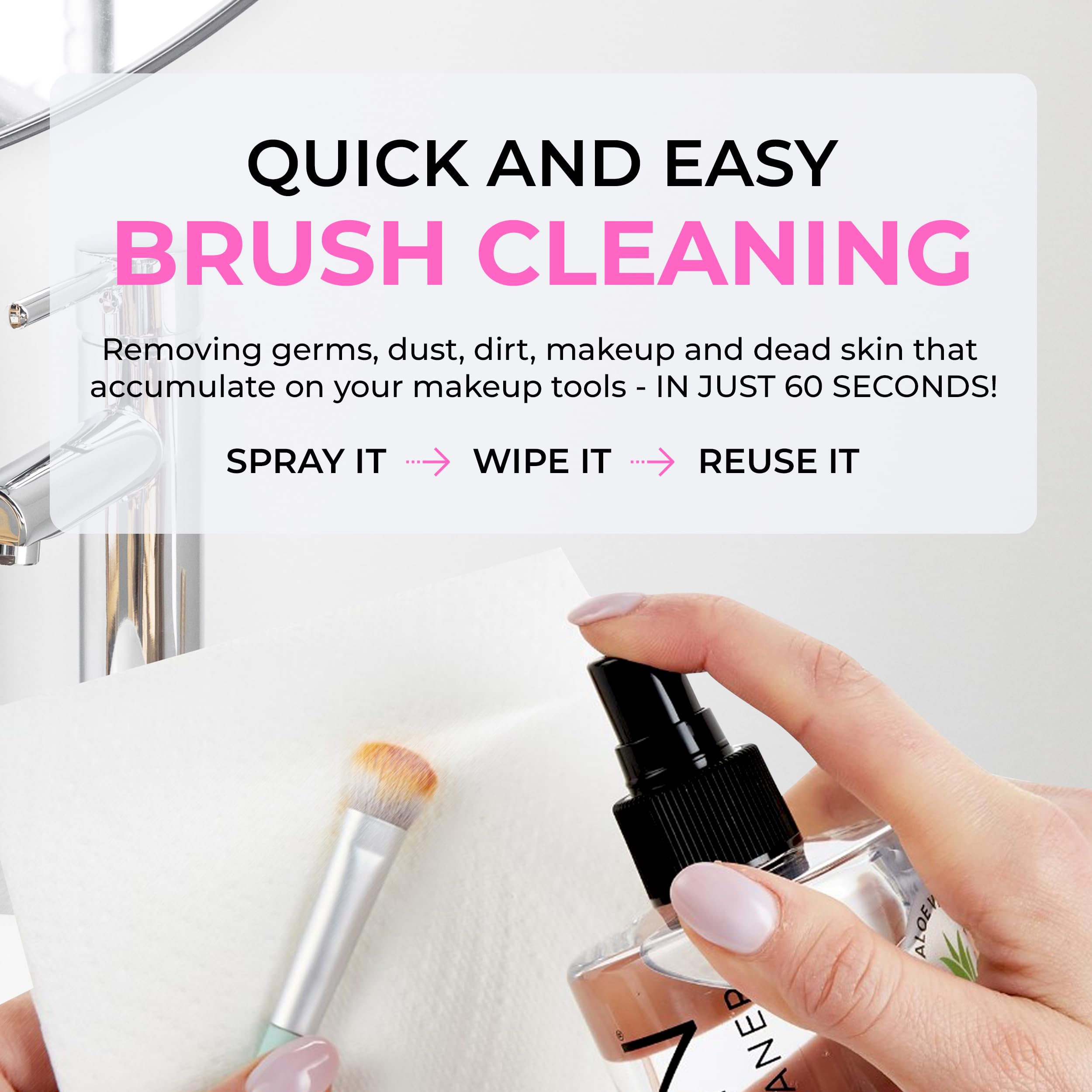 Isoclean brush cleaner being wiped on microfiber cloth to show 60-second reuse.