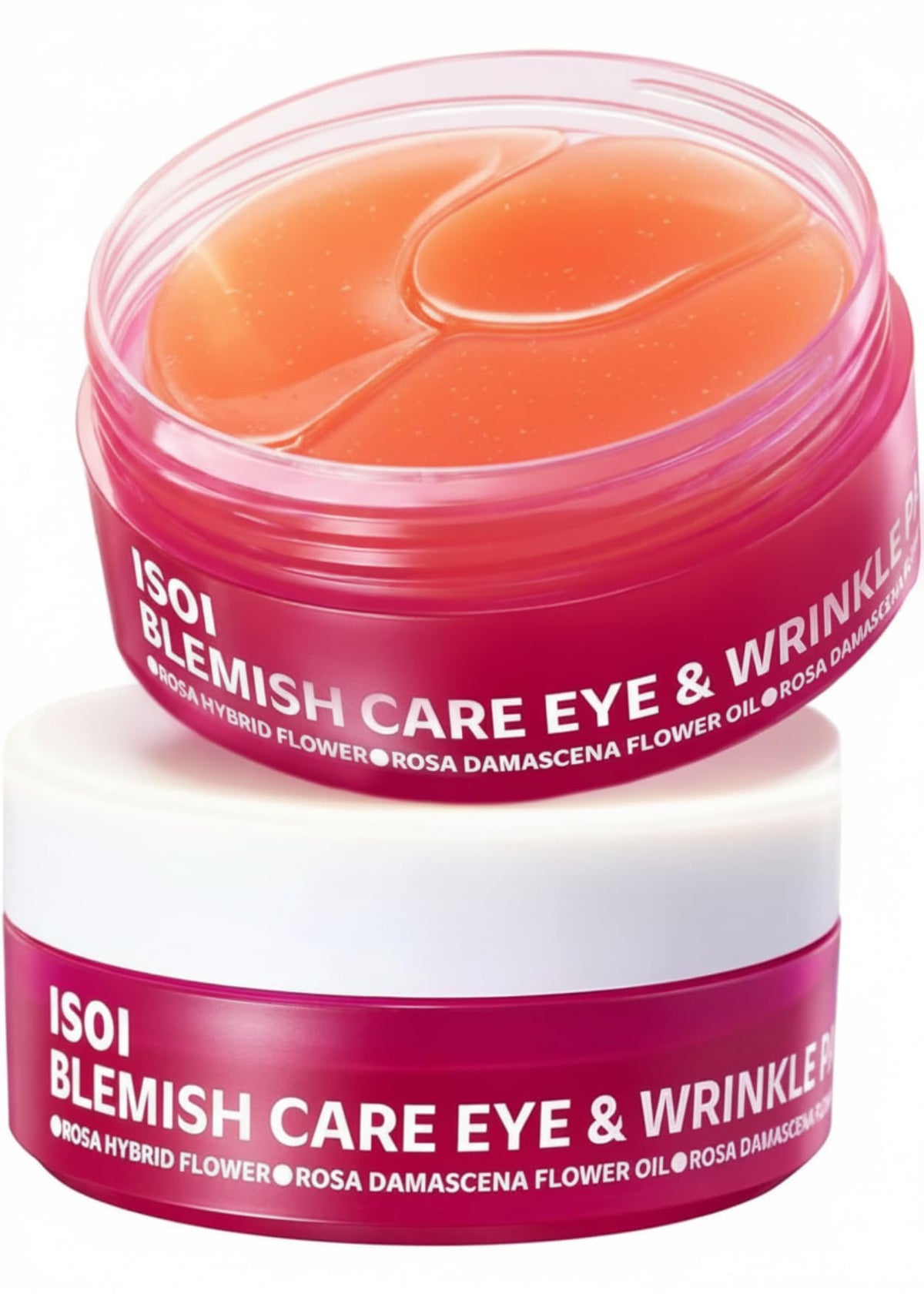 ISOI blemish care under-eye patch jar closeup, hydrating gel for refreshed eye skin.