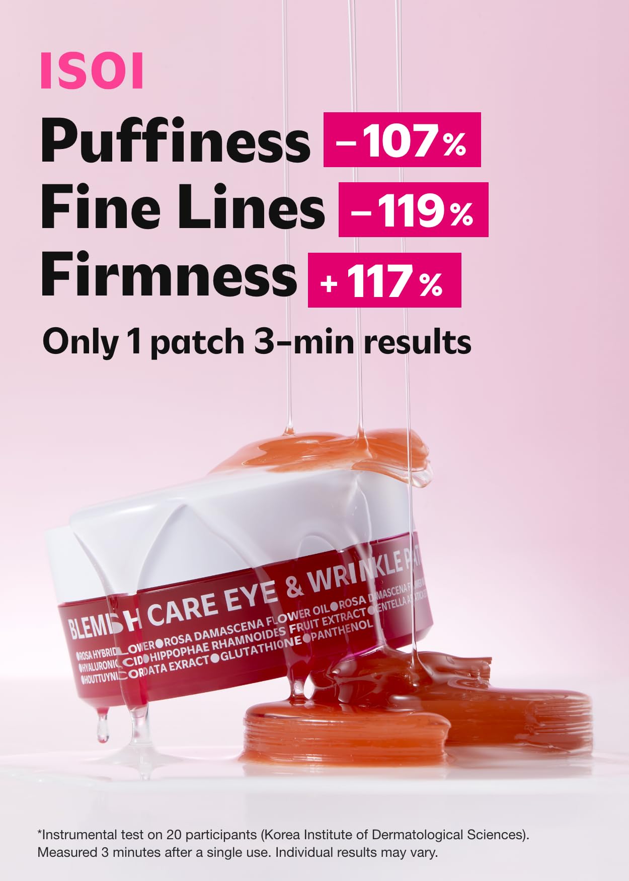 ISOI blemish care under-eye patch on eye area delivers cooling relief from puffiness.