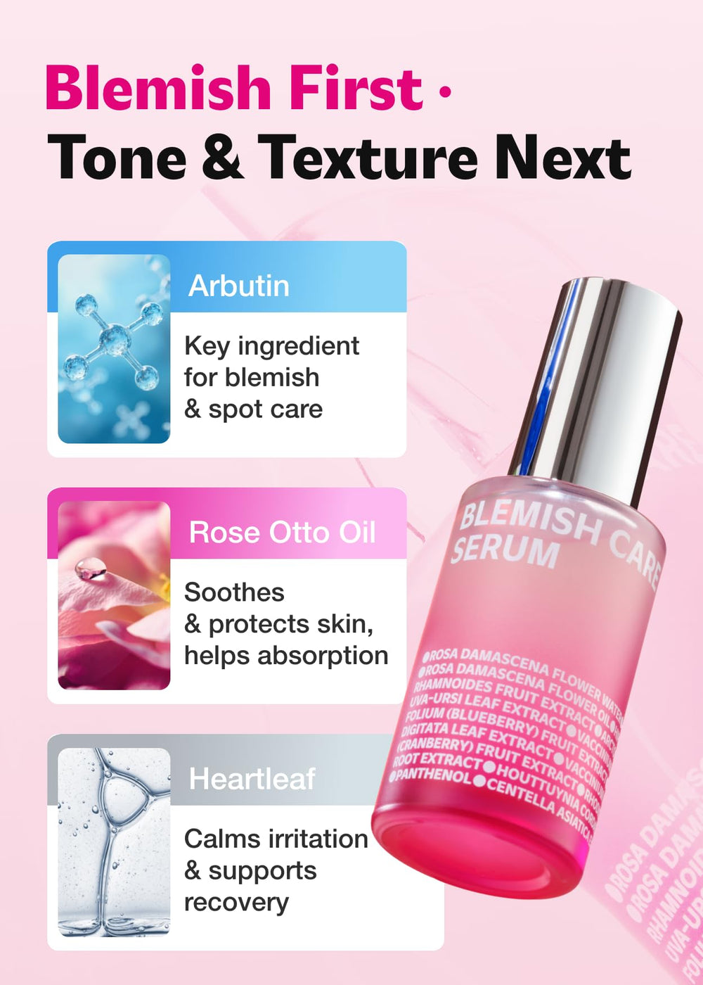 ISOI Blemish Care Up Serum ingredients featuring rose oil and arbutin for balanced complexion