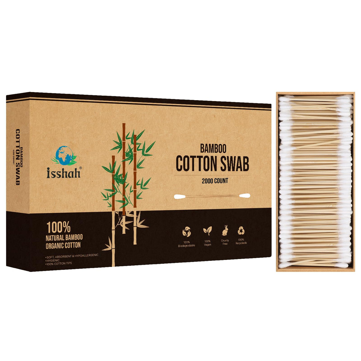 Isshah bamboo cotton swabs box front highlighting eco-friendly packaging and 2000-count use