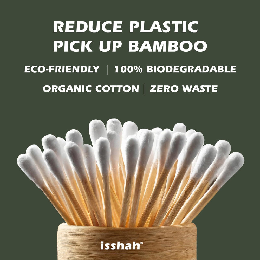 Isshah 2000-pack bamboo cotton swabs emphasizing waste-free biodegradable design
