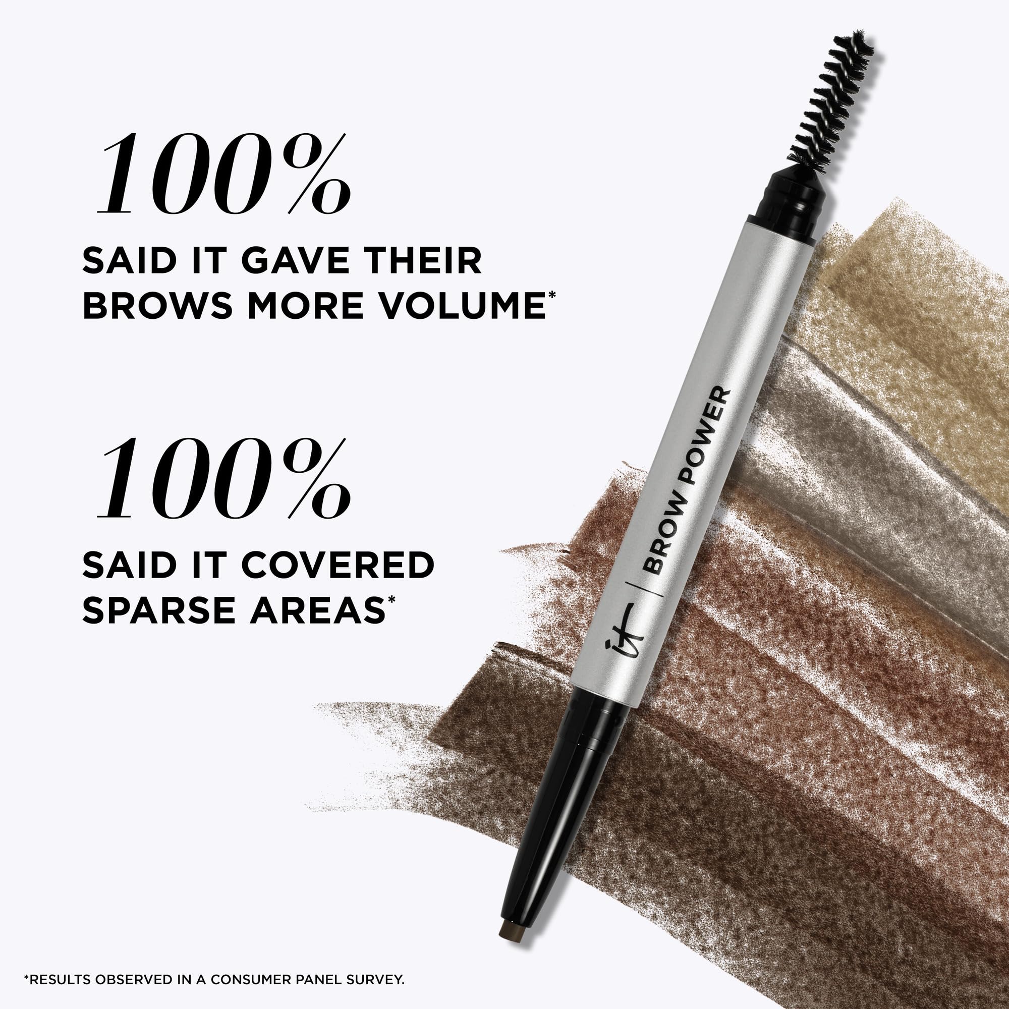 IT Cosmetics Brow Power application strokes illustrate soft to deep color with pressure