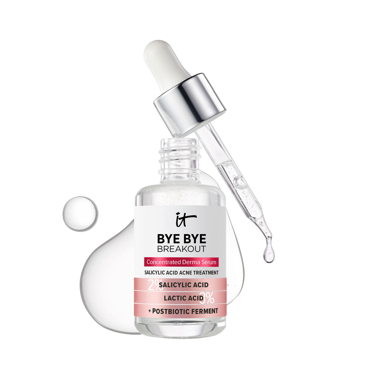 IT Cosmetics Bye Bye Breakout Serum bottle closeup, a lightweight acne treatment option to reduce breakouts.