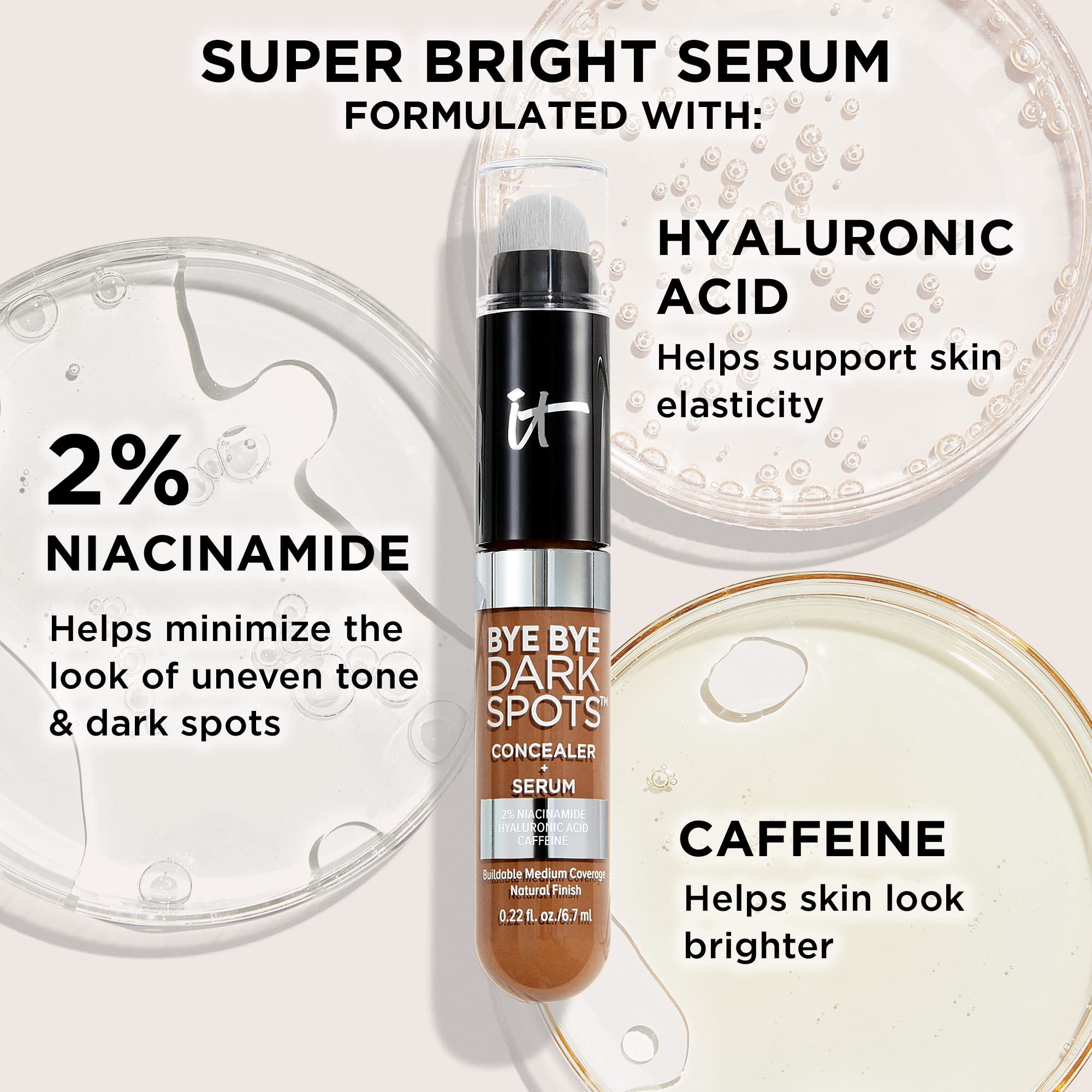 IT Cosmetics Bye Bye Dark Spots hyaluronic acid delivers 24-hour hydration.