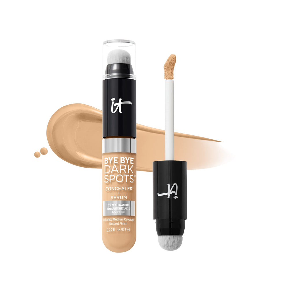 IT Cosmetics Bye Bye Dark Spots concealer-serum swatch showing brightening and even-toned skin