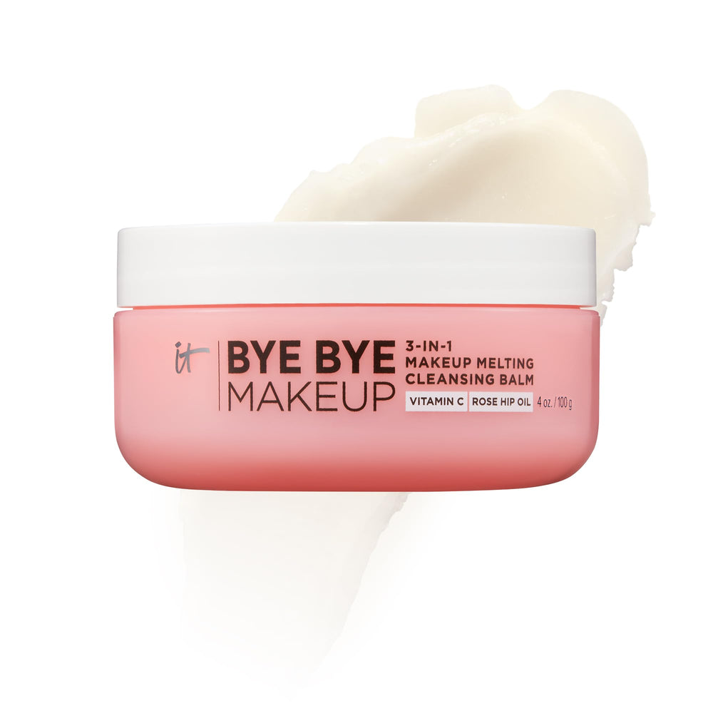 IT Cosmetics Bye Bye Makeup cleansing balm bottle demonstrates hydrating makeup removal.