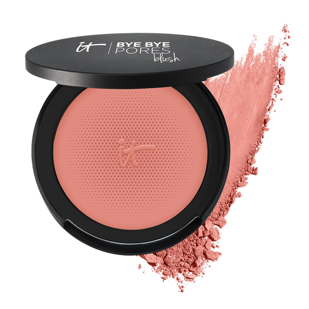 IT Cosmetics Bye Bye Pores Blush compact front shows sheer color for pore diffusion.