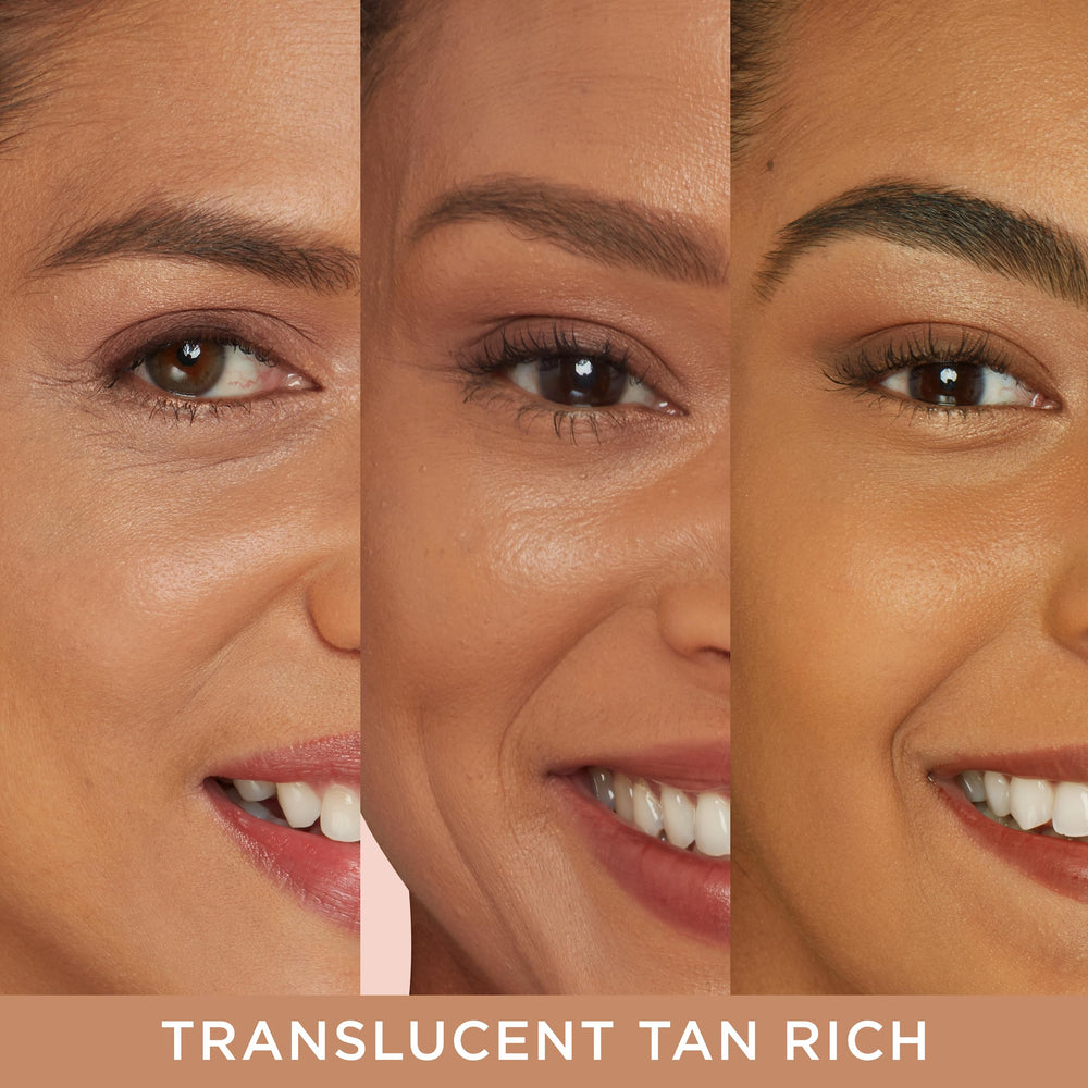 IT Cosmetics swatch on arm showing translucent tan-rich blend for natural finish benefit