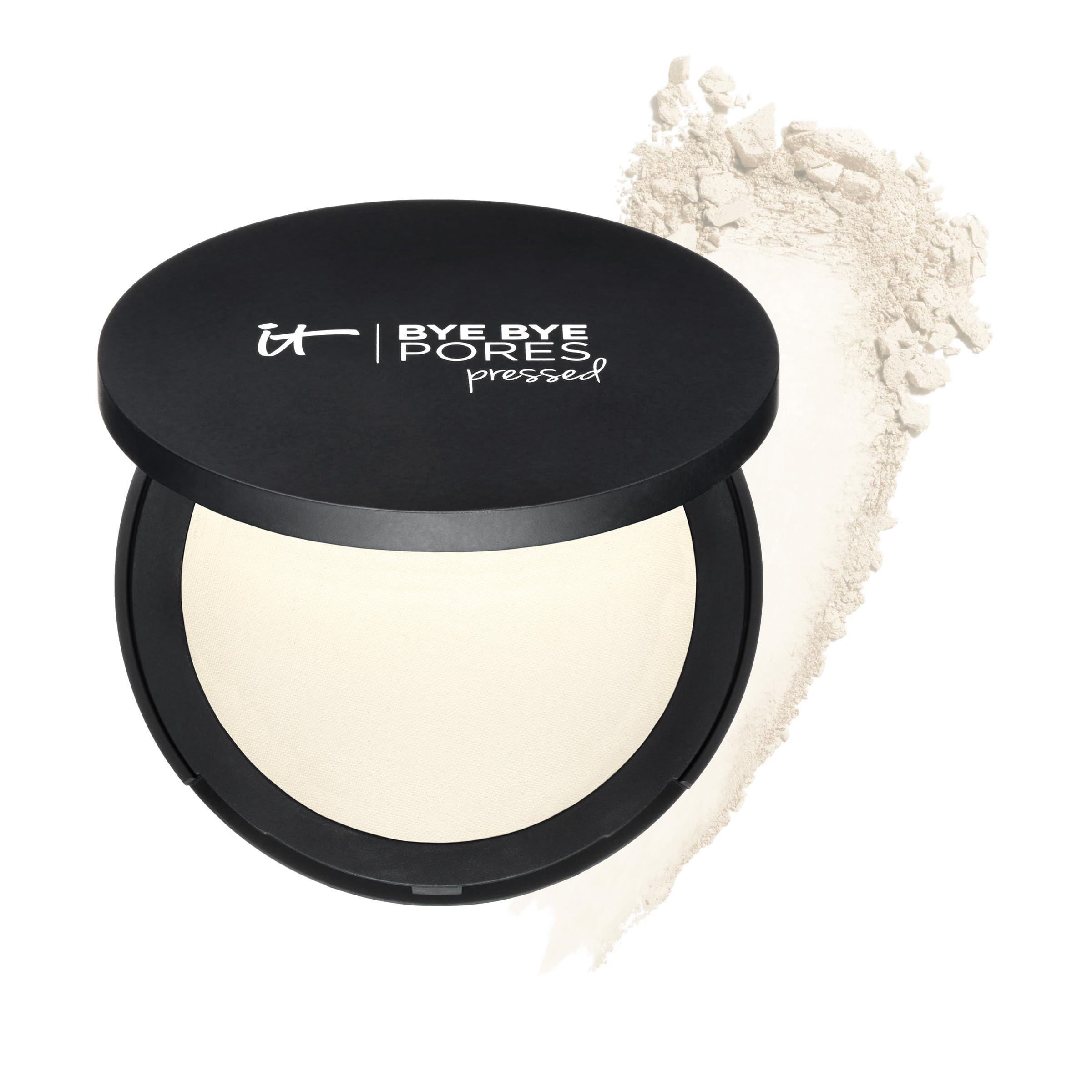 IT Cosmetics Bye Bye Pores pressed powder compact closeup showing pore-blurring finish.
