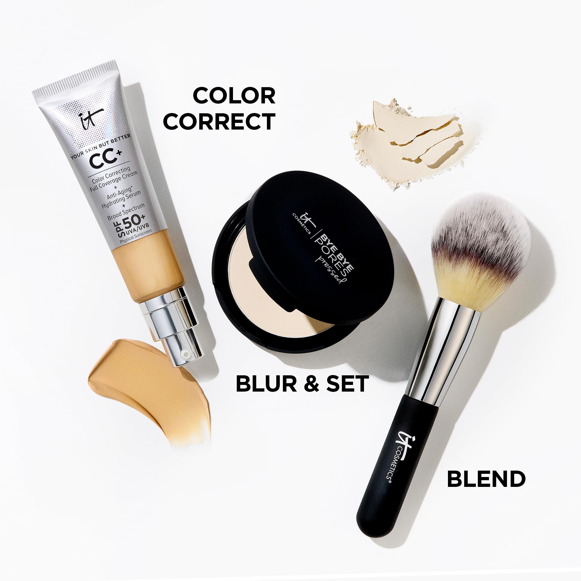 IT Cosmetics Bye Bye Pores pressed powder highlights peptides and collagen among ingredients.