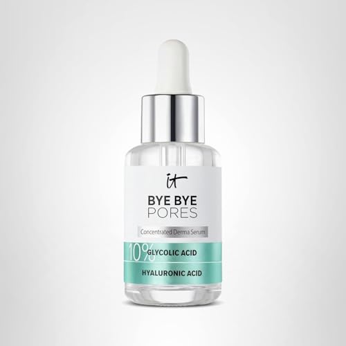 IT Cosmetics Bye Bye Pores glycolic acid serum label close-up highlights 10% exfoliation.
