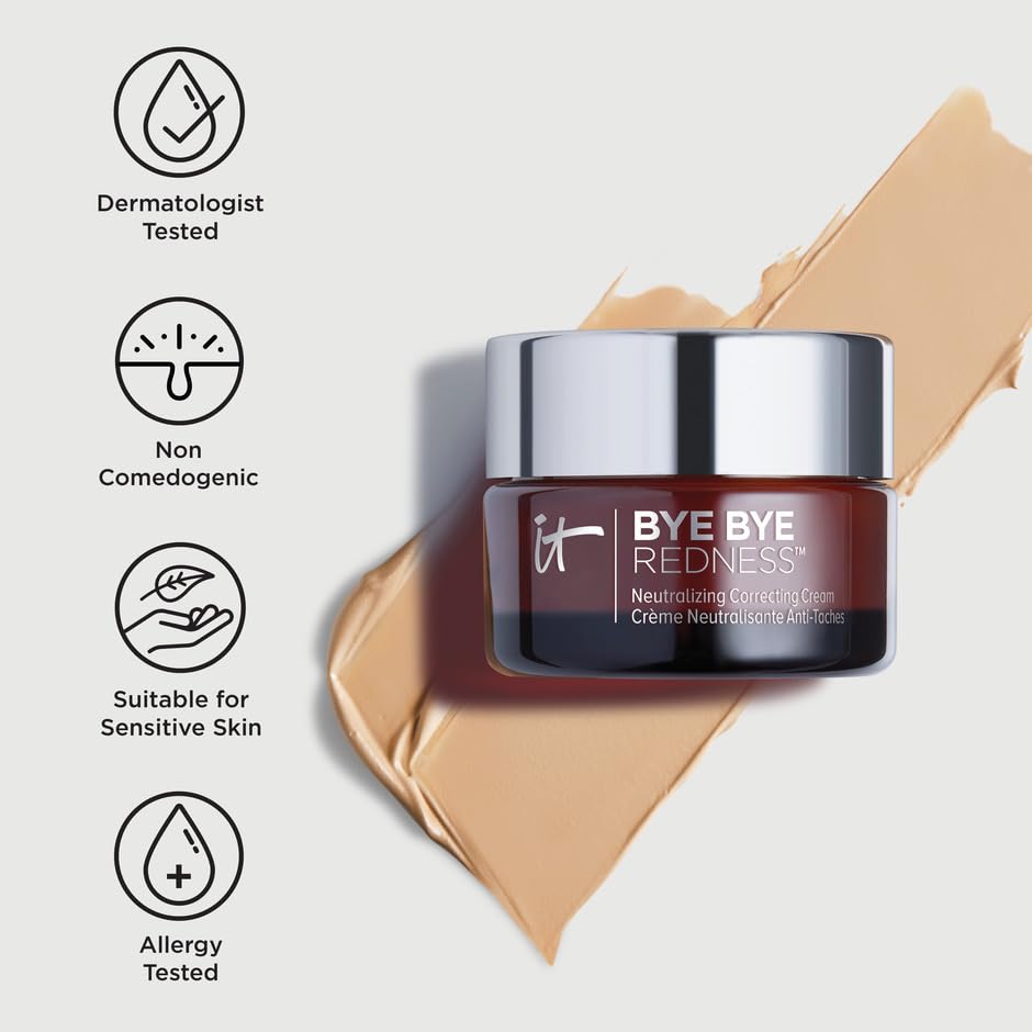 IT Cosmetics Bye Bye Redness dermatologist-tested label indicates safe use for sensitive skin.