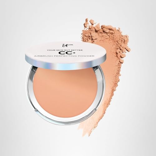 IT Cosmetics CC+ Airbrush Powder Tan on-face look with smooth, airbrushed appearance