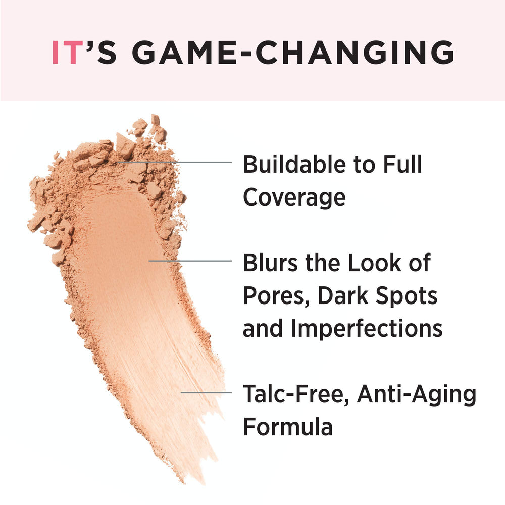 IT Cosmetics CC+ Airbrush Powder Tan swatch shows natural, even coverage