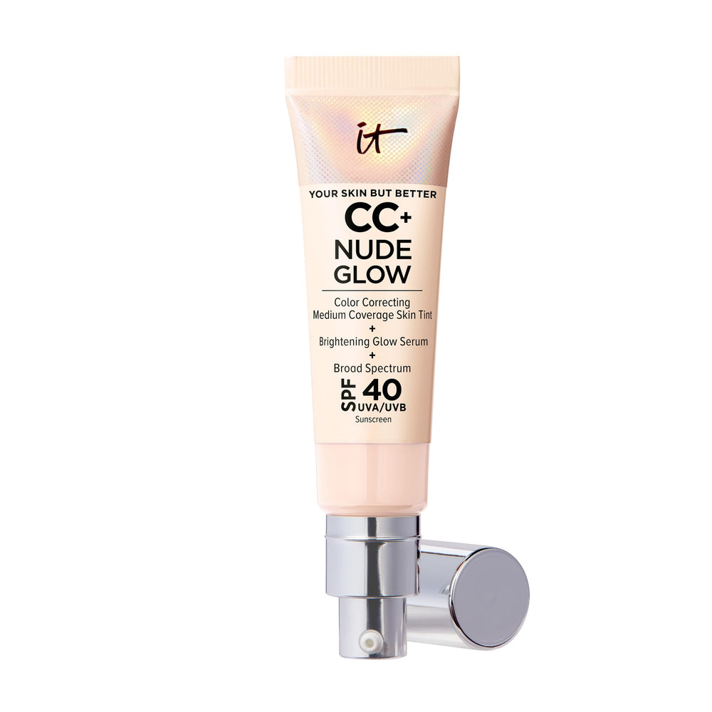 IT Cosmetics CC+ Nude Glow fair beige pump showcases buildable coverage for a natural glow