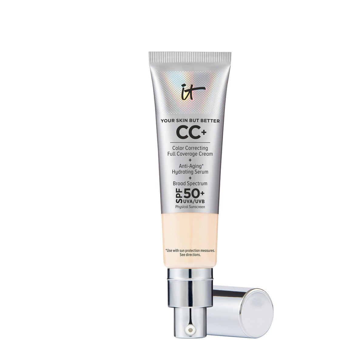 IT Cosmetics CC+ Cream Fair bottle shown for everyday flawless coverage with SPF 50+.