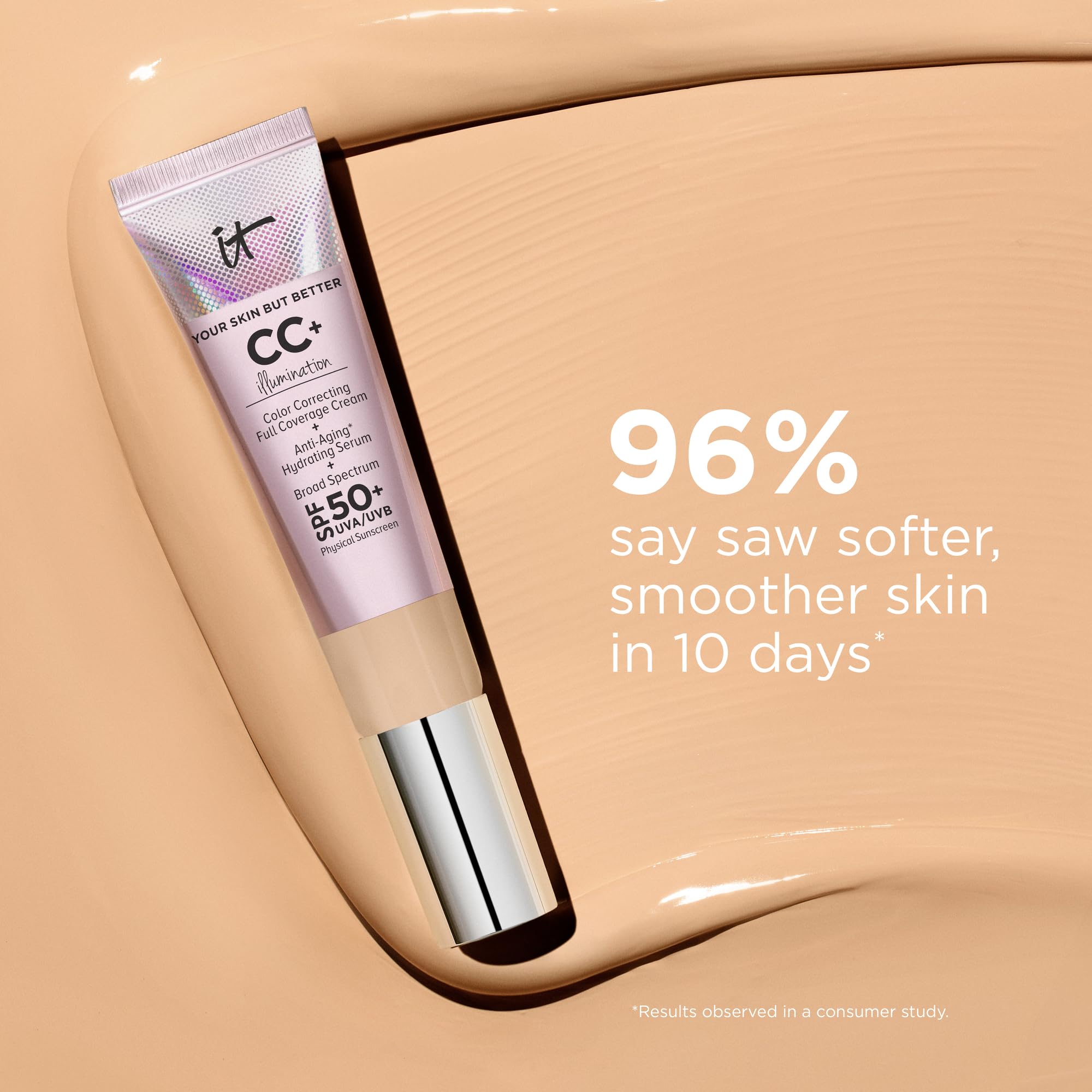 IT Cosmetics CC+ Cream Illumination Medium Tan layered for even coverage look.