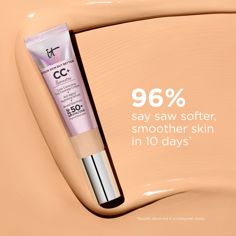 IT Cosmetics CC+ Cream Illumination Medium Tan layered for even coverage look.