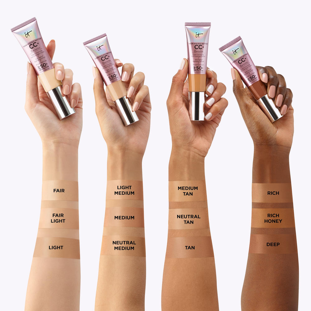 IT Cosmetics CC+ Cream Illumination Medium Tan close-up texture showing hydration and smoothness.