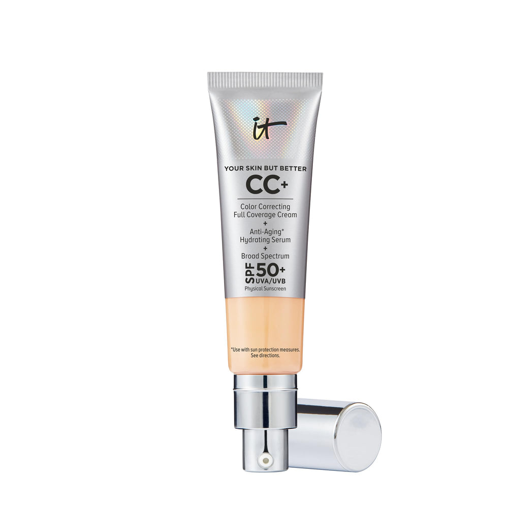 IT Cosmetics CC+ Cream Light Medium bottle pump shows full coverage with SPF 50+.